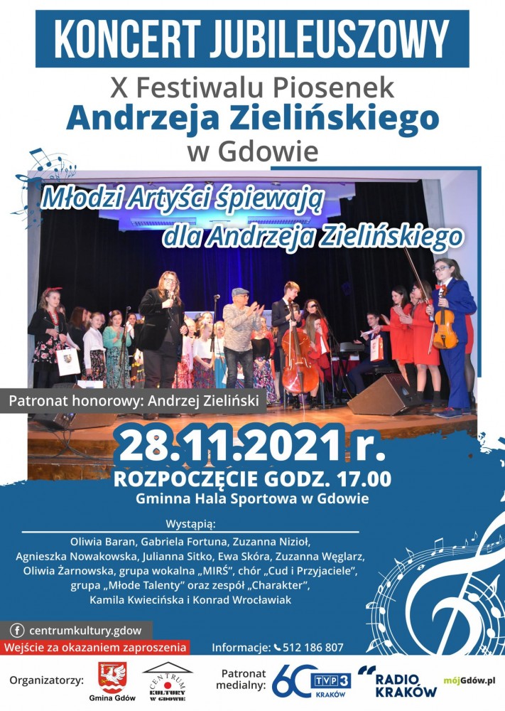 Zaproszenie na koncert jubileuszowy X Festiwalu Piosenek Andrzeja Zielińskiego